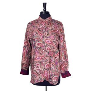 Chaps Ralph Lauren Women’s Shirt PM Paisley Plaid Flip Cuff No Iron Button Up